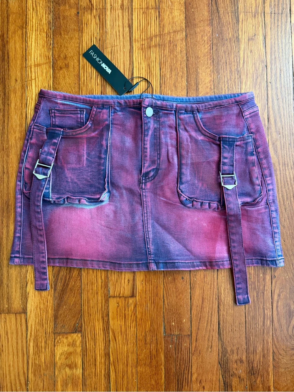 Fashion Nova Burgundy-Purple Washed Denim Mini Skirt with Buckle Straps